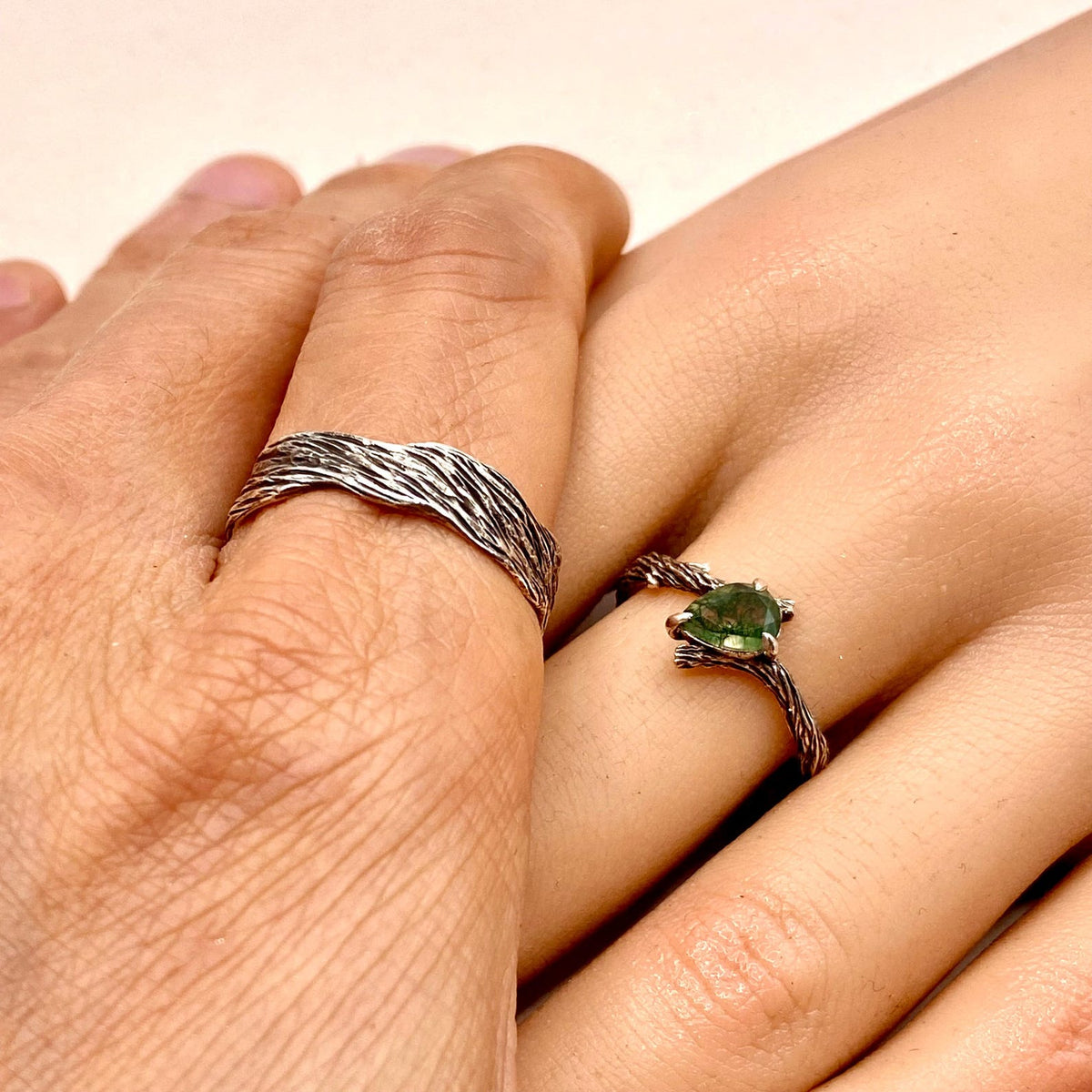 Moss Agate Fine Silver Twig Ring Set
