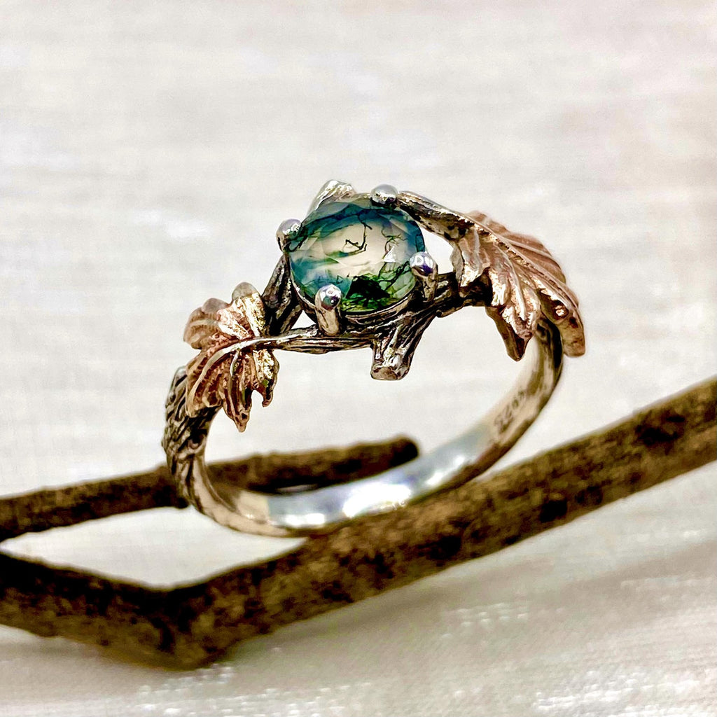 Moss Agate Sterling Silver Maple Leaf Ring