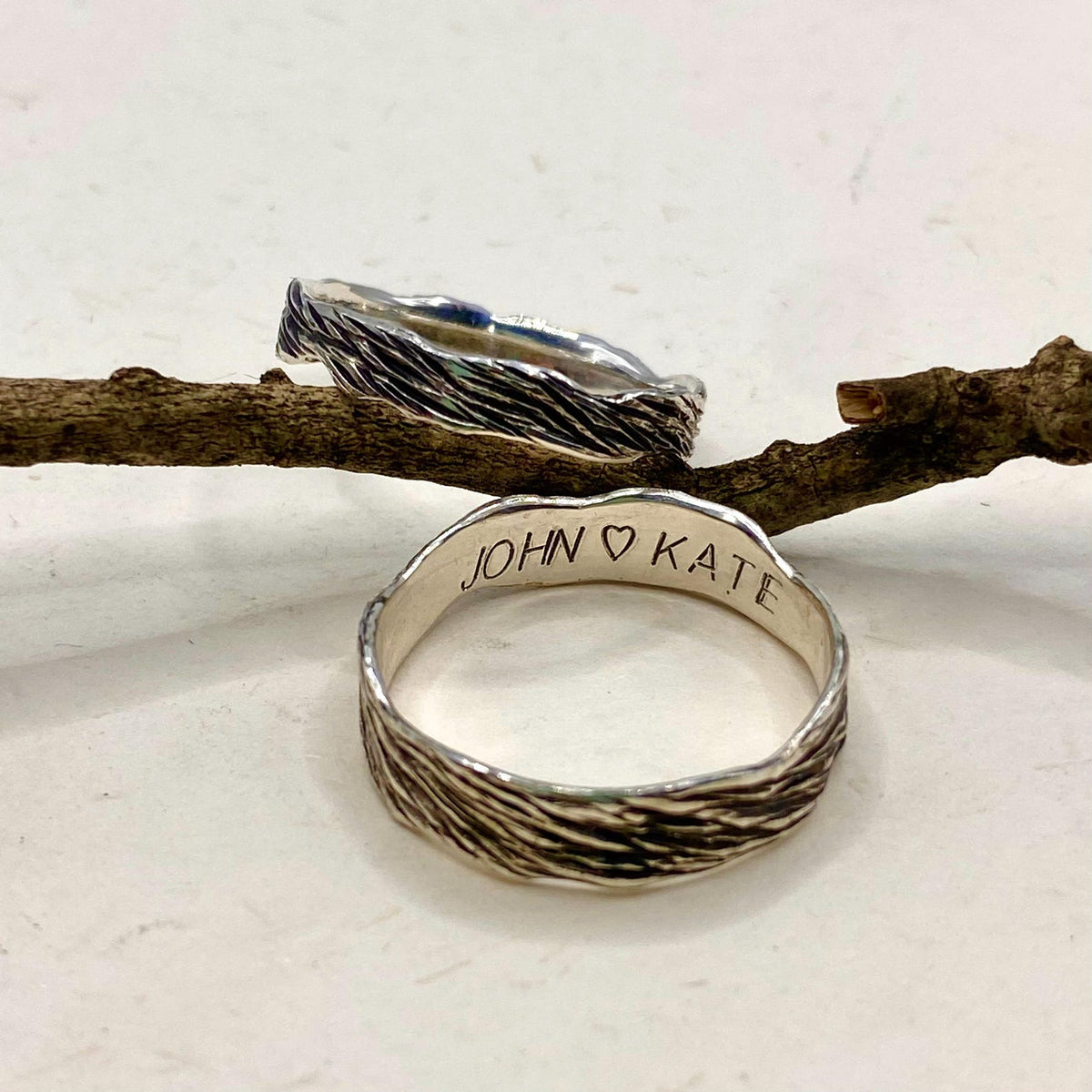Fine Silver Tree Bark Ring Set