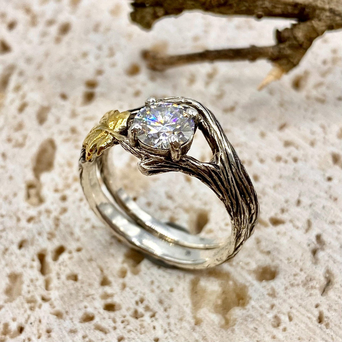 Moissanite Sterling Silver Maple Leaf Ring