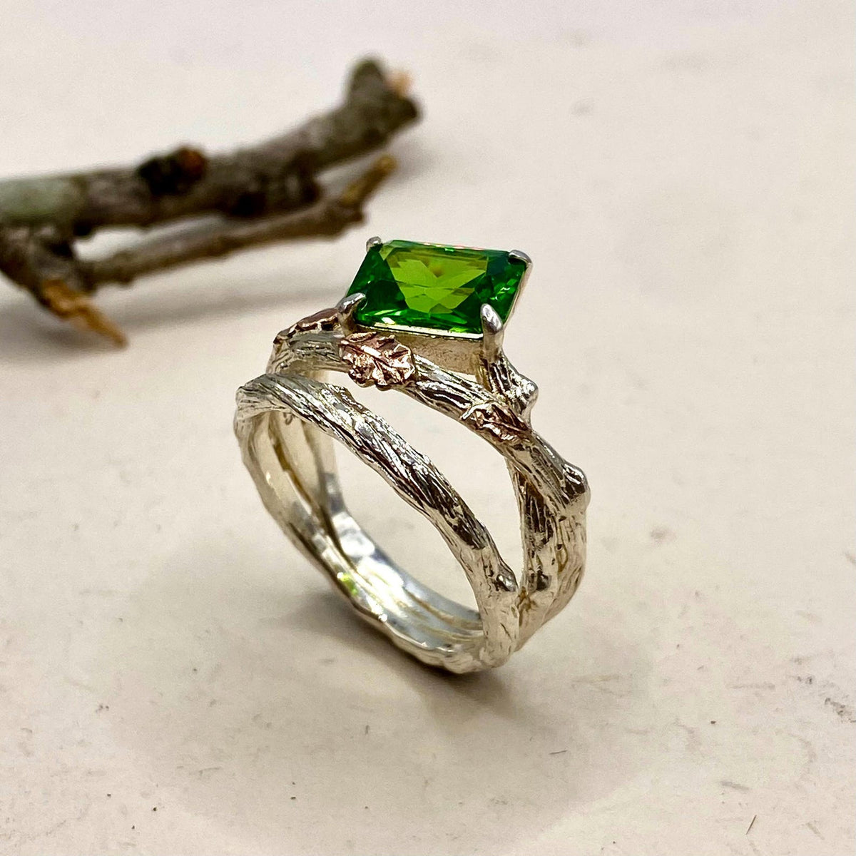Emerald Sterling Silver Oak Leaf Ring