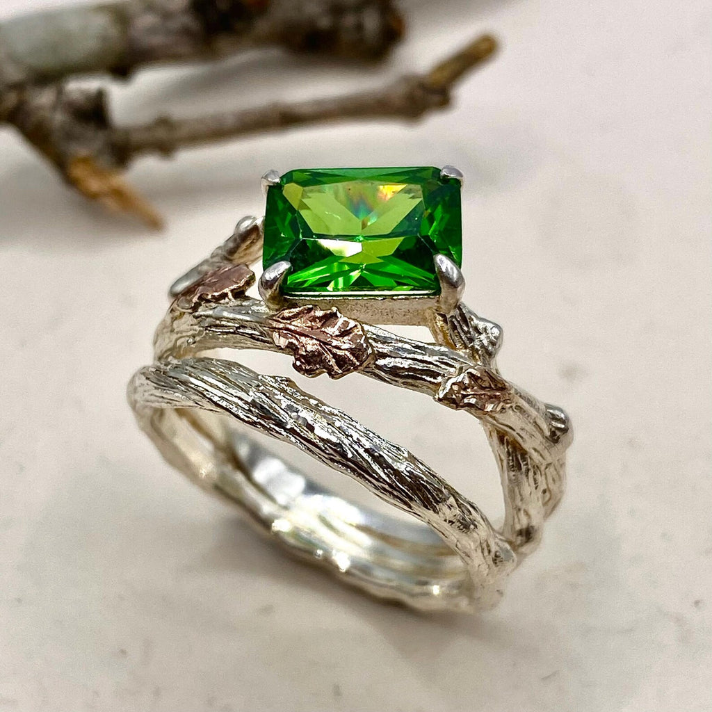 Emerald Sterling Silver Oak Leaf Ring