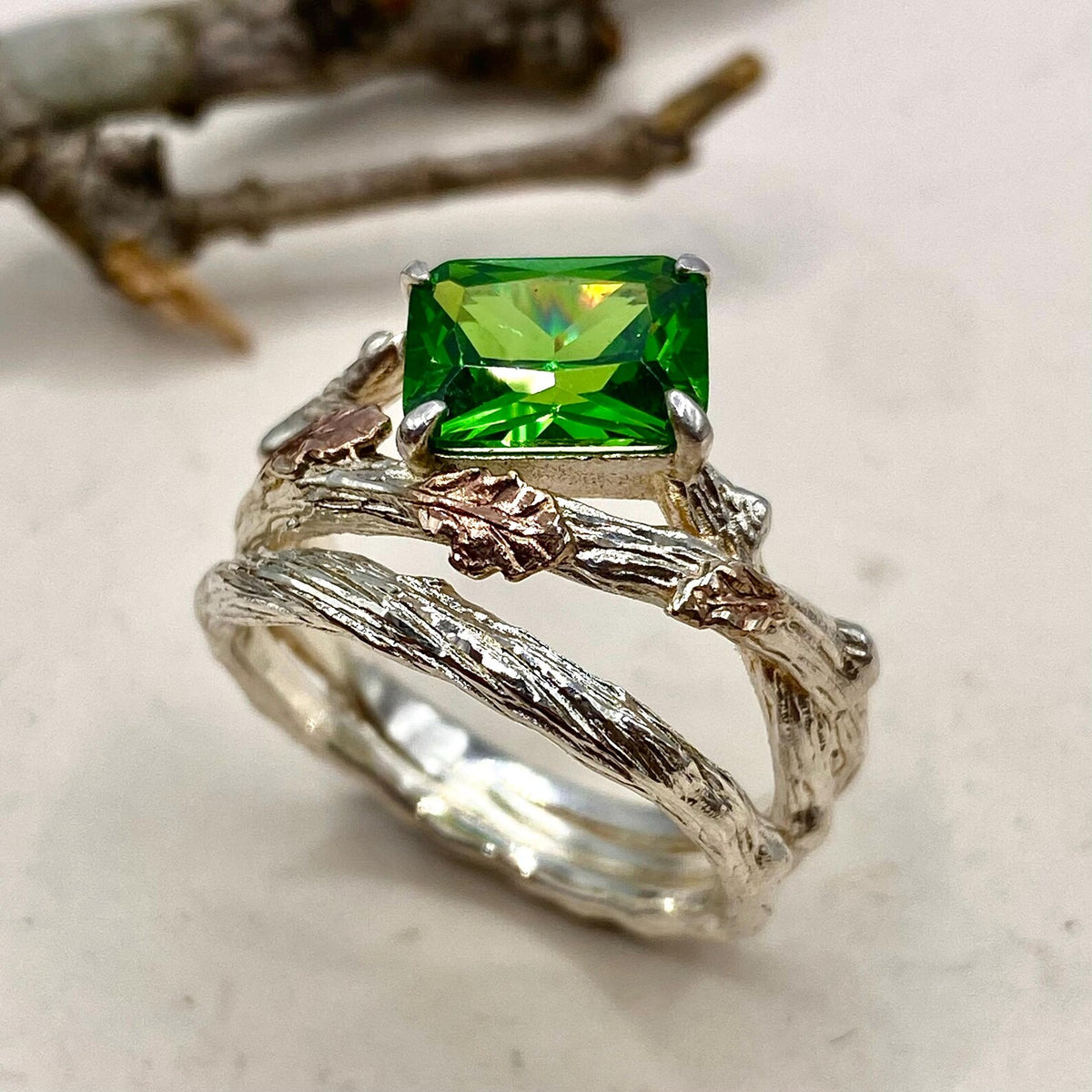 Emerald Sterling Silver Oak Leaf Ring