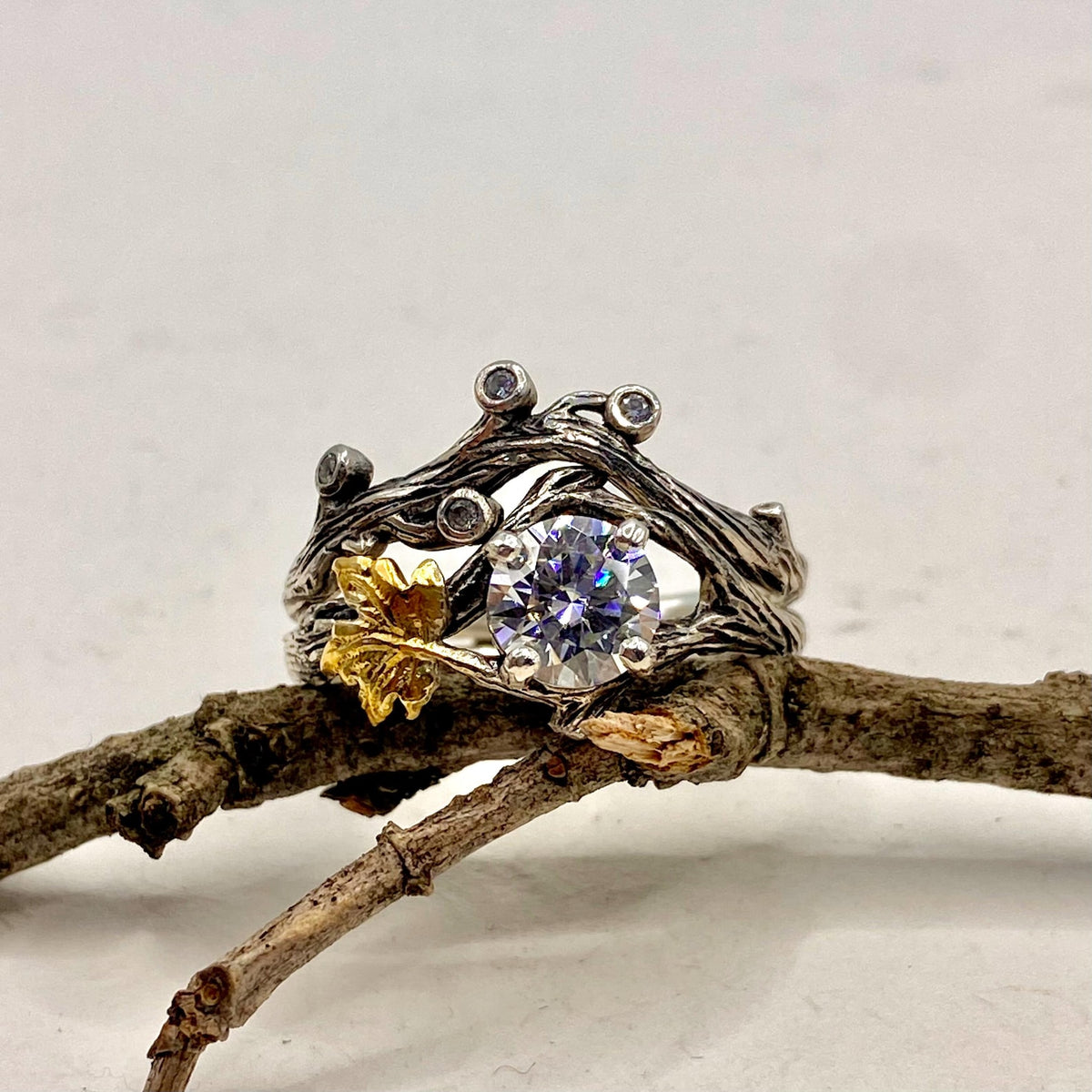 Moissanite Sterling Silver Maple Leaf Ring Set