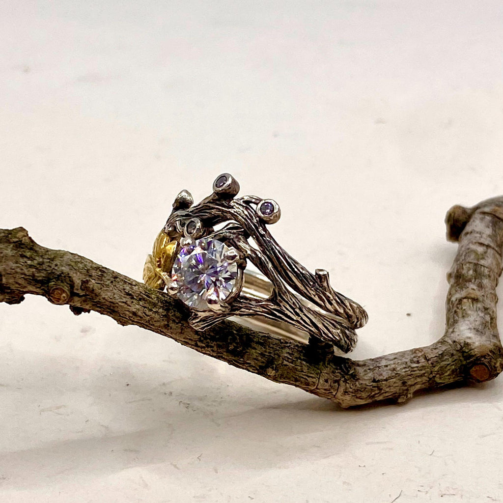 Moissanite Sterling Silver Maple Leaf Ring Set
