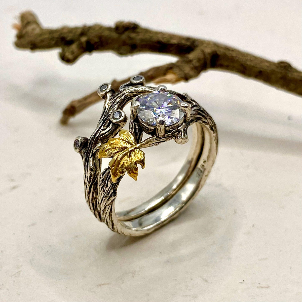 Moissanite Sterling Silver Maple Leaf Ring Set