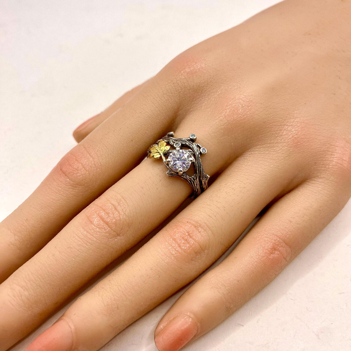 Moissanite Sterling Silver Maple Leaf Ring Set