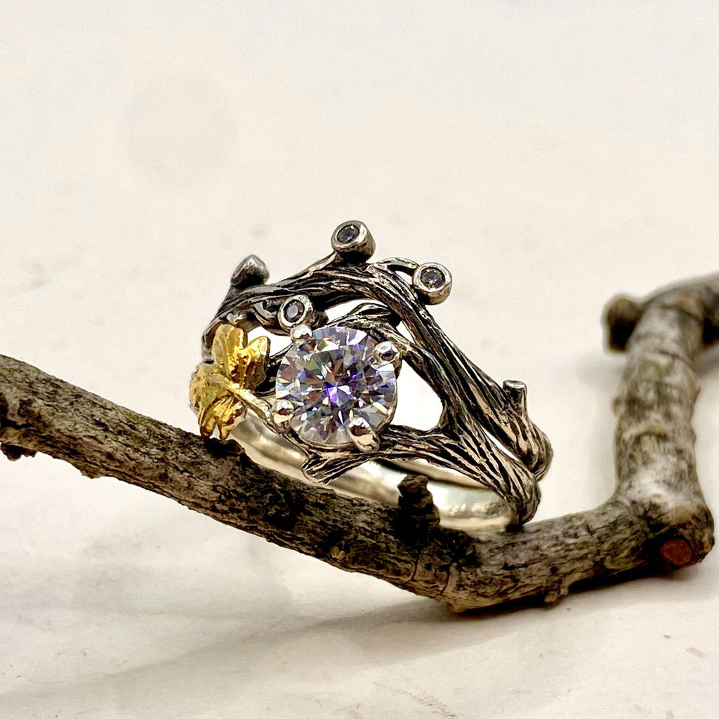 Moissanite Sterling Silver Maple Leaf Ring Set