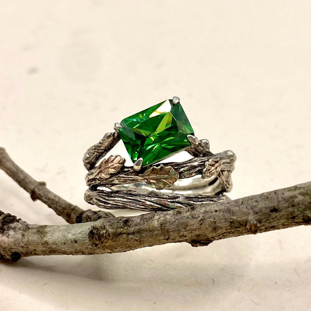 Emerald Sterling Silver Oak Leaf Ring