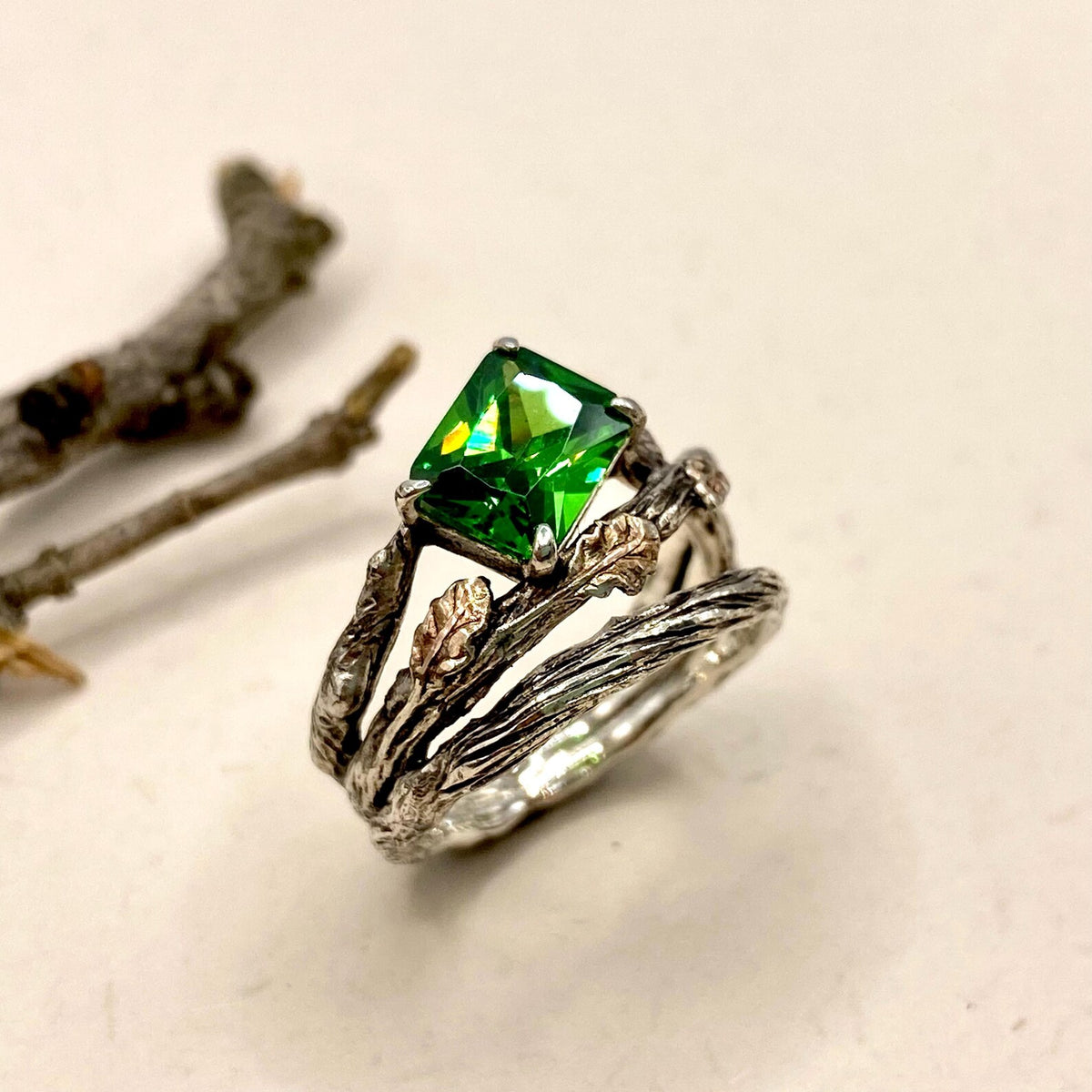Emerald Sterling Silver Oak Leaf Ring