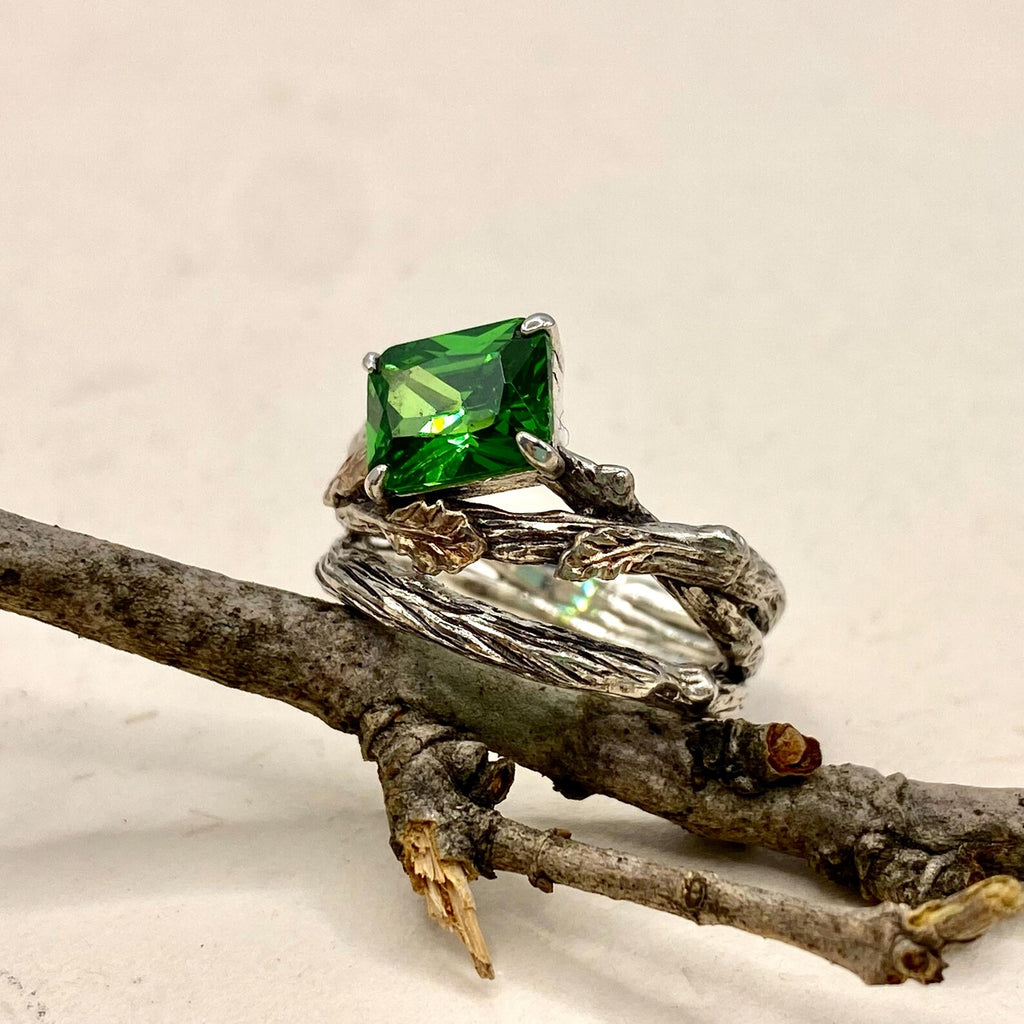 Emerald Sterling Silver Oak Leaf Ring