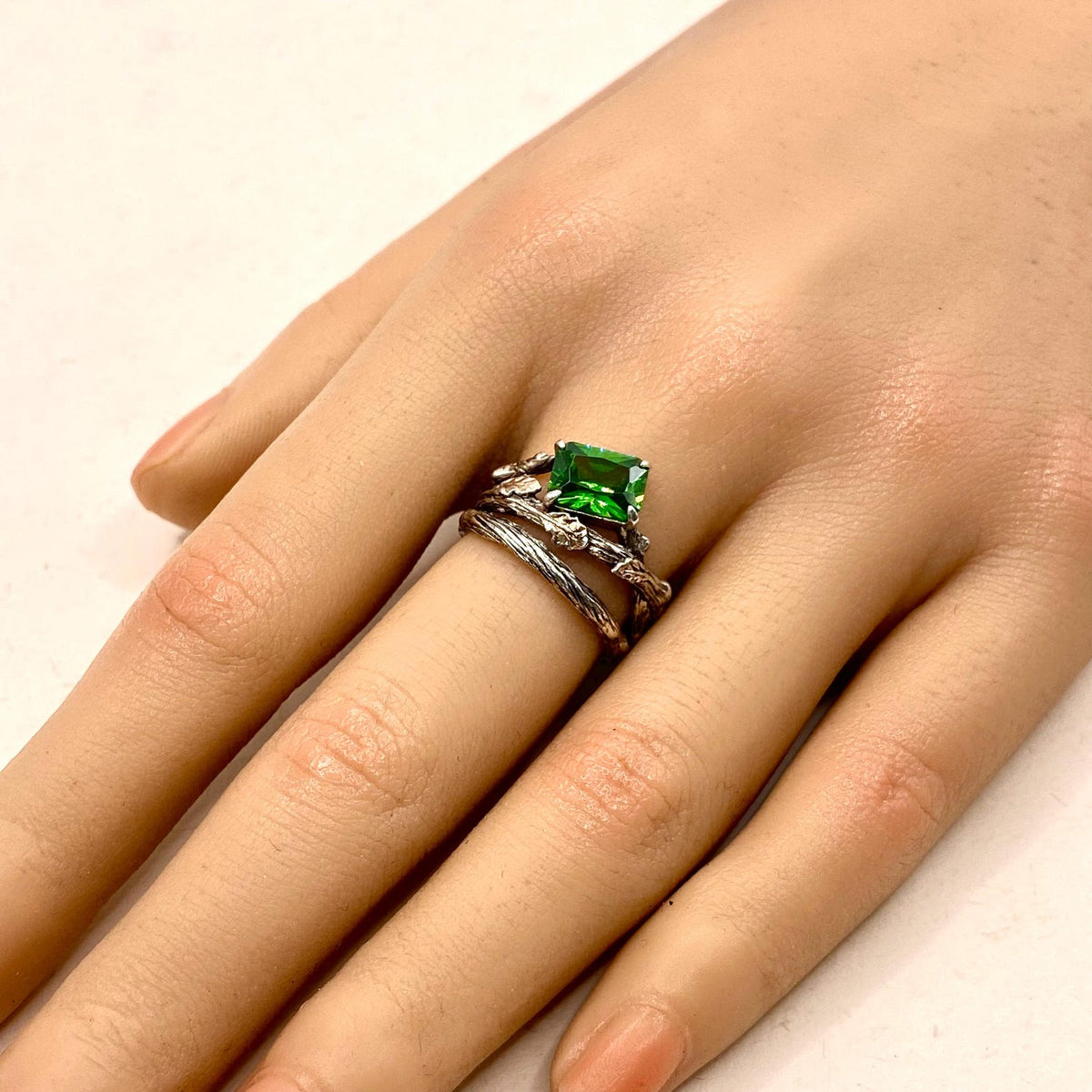 Emerald Sterling Silver Oak Leaf Ring