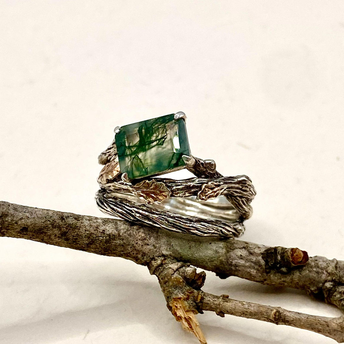 Moss Agate Sterling Silver Oak Leaf Ring