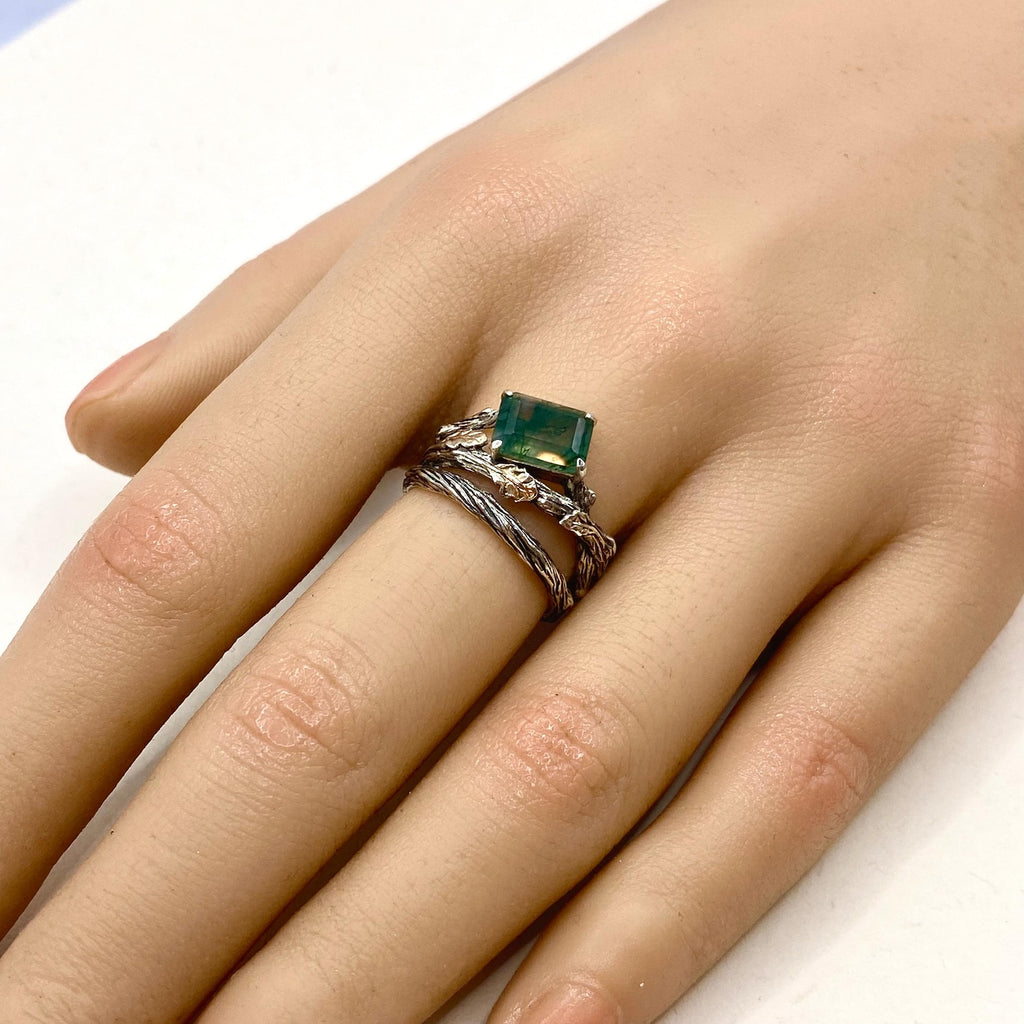 Moss Agate Sterling Silver Oak Leaf Ring