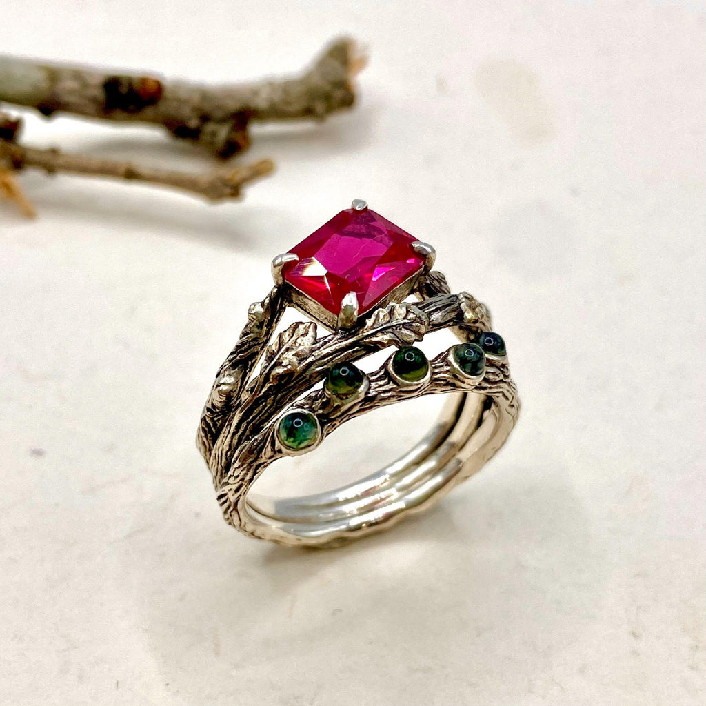 Moss Agate Sterling Silver Oak Leaf Ring