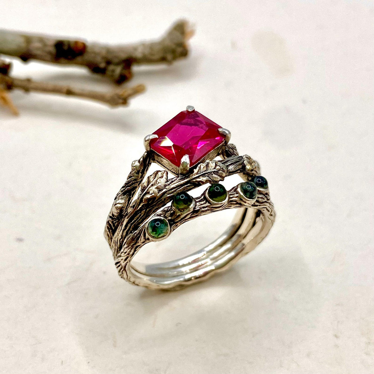 Moss Agate Sterling Silver Oak Leaf Ring