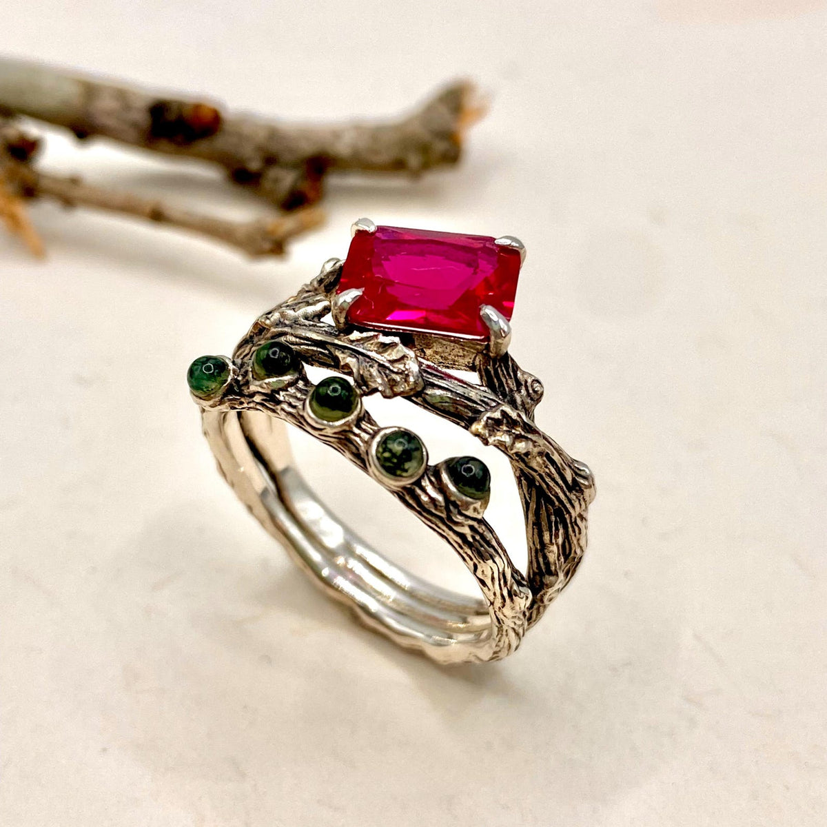 Moss Agate Sterling Silver Oak Leaf Ring
