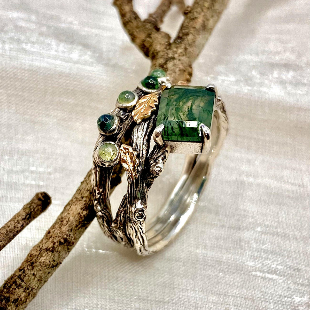 Moss Agate Sterling Silver Oak Leaf Ring