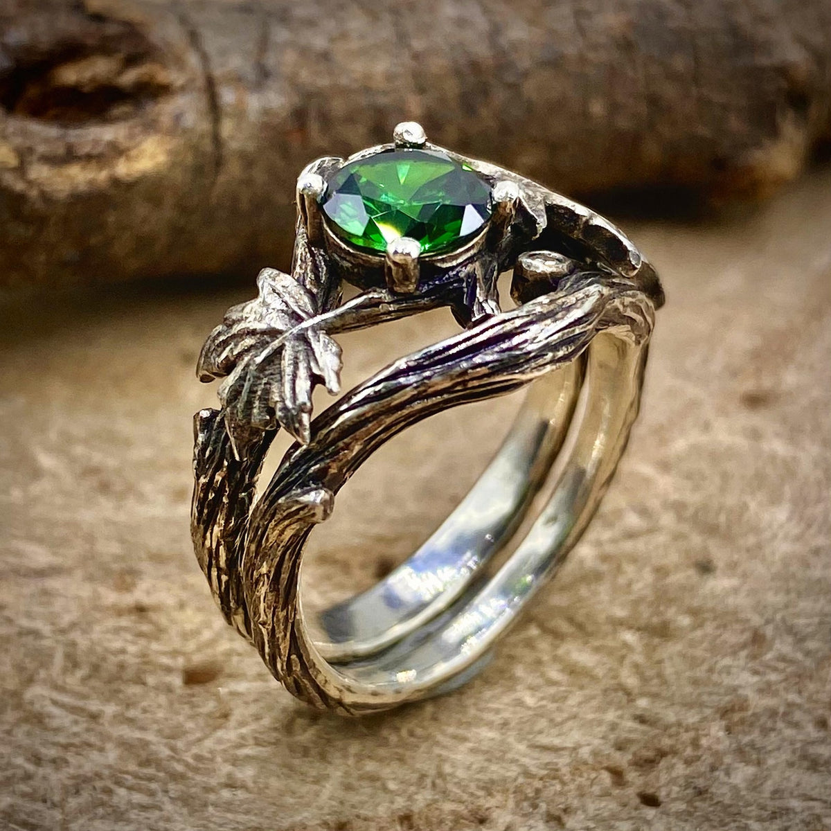 Emerald Sterling Silver Maple Leaf Ring