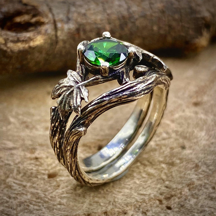 Emerald Sterling Silver Maple Leaf Ring