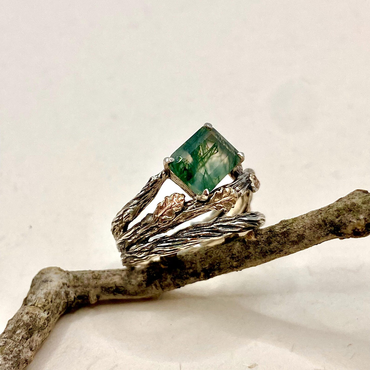 Moss Agate Sterling Silver Oak Leaf Ring