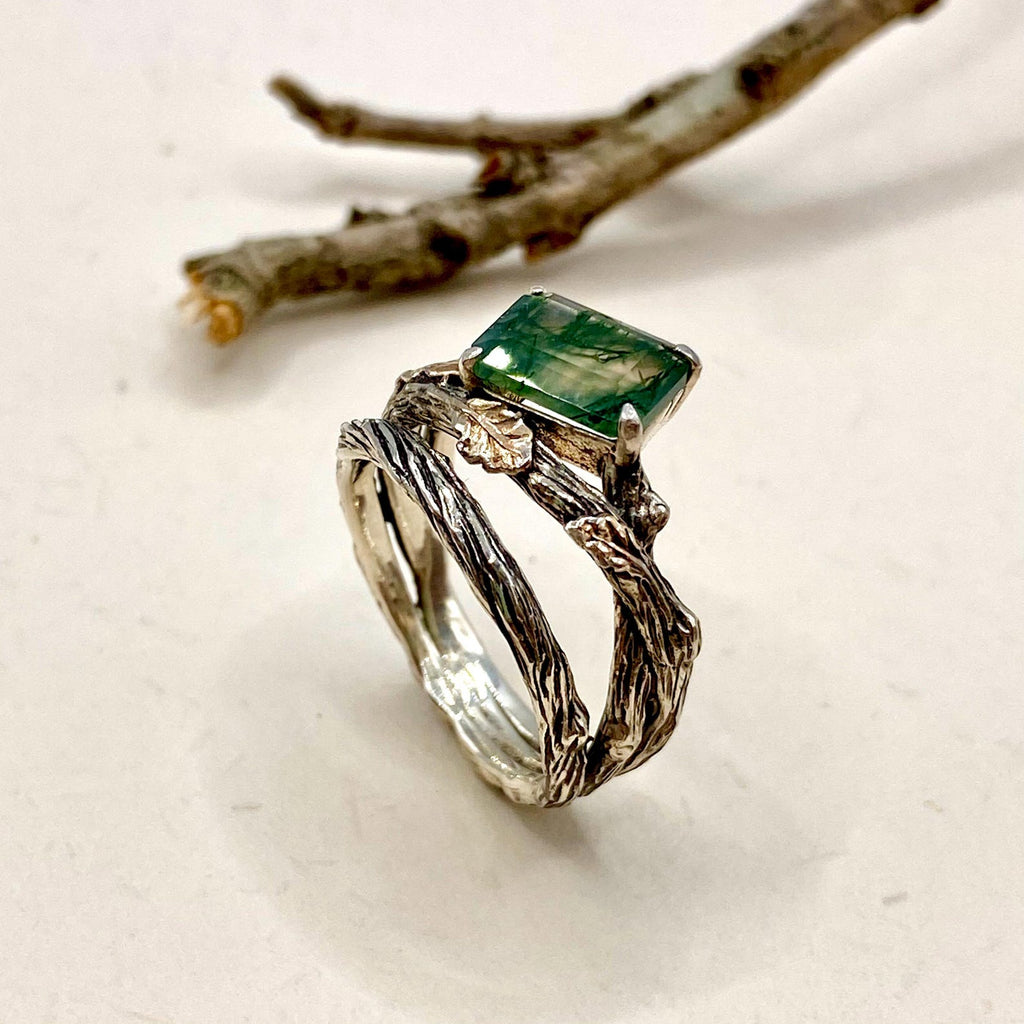 Moss Agate Sterling Silver Oak Leaf Ring