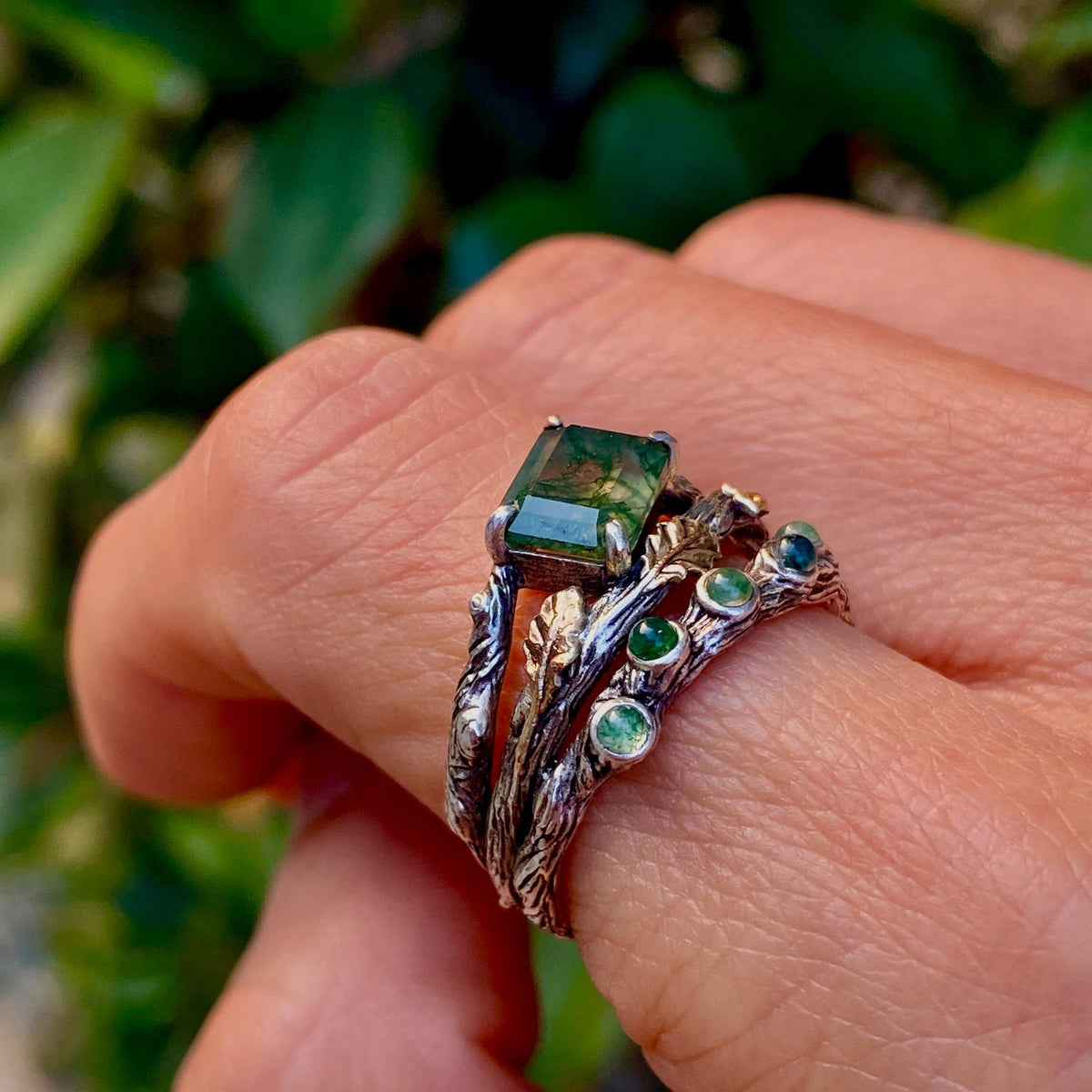 Moss Agate Sterling Silver Oak Leaf Ring