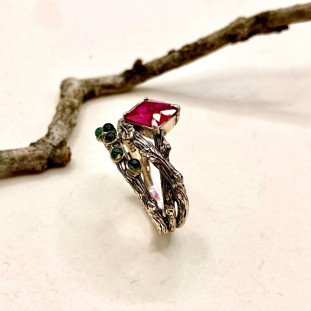 Moss Agate Sterling Silver Oak Leaf Ring