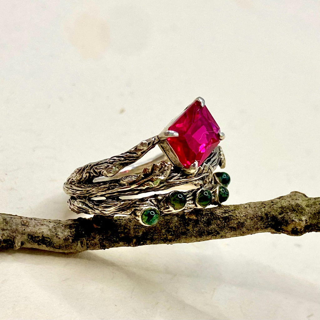 Moss Agate Sterling Silver Oak Leaf Ring