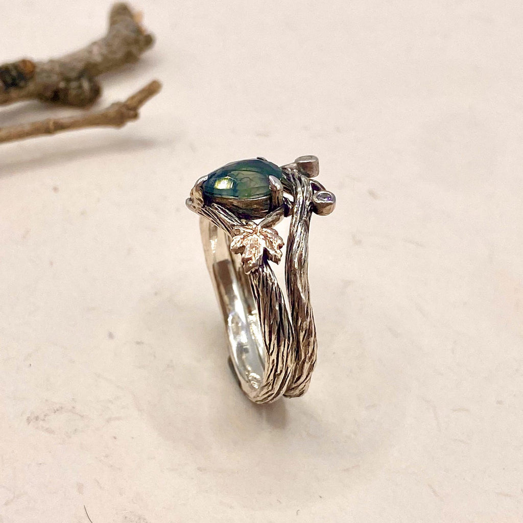 Moss Agate Sterling Silver Maple Leaf Ring Set