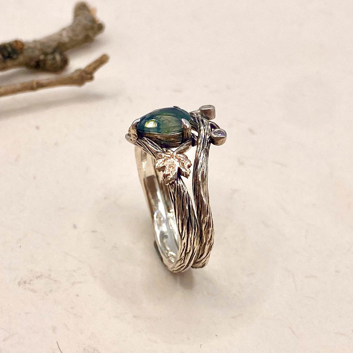Moss Agate Sterling Silver Maple Leaf Ring Set