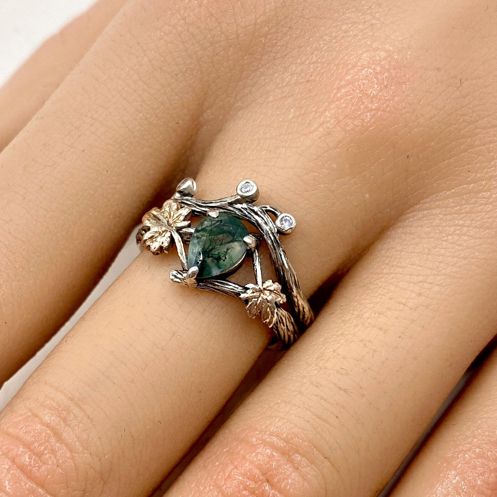 Moss Agate Sterling Silver Maple Leaf Ring Set