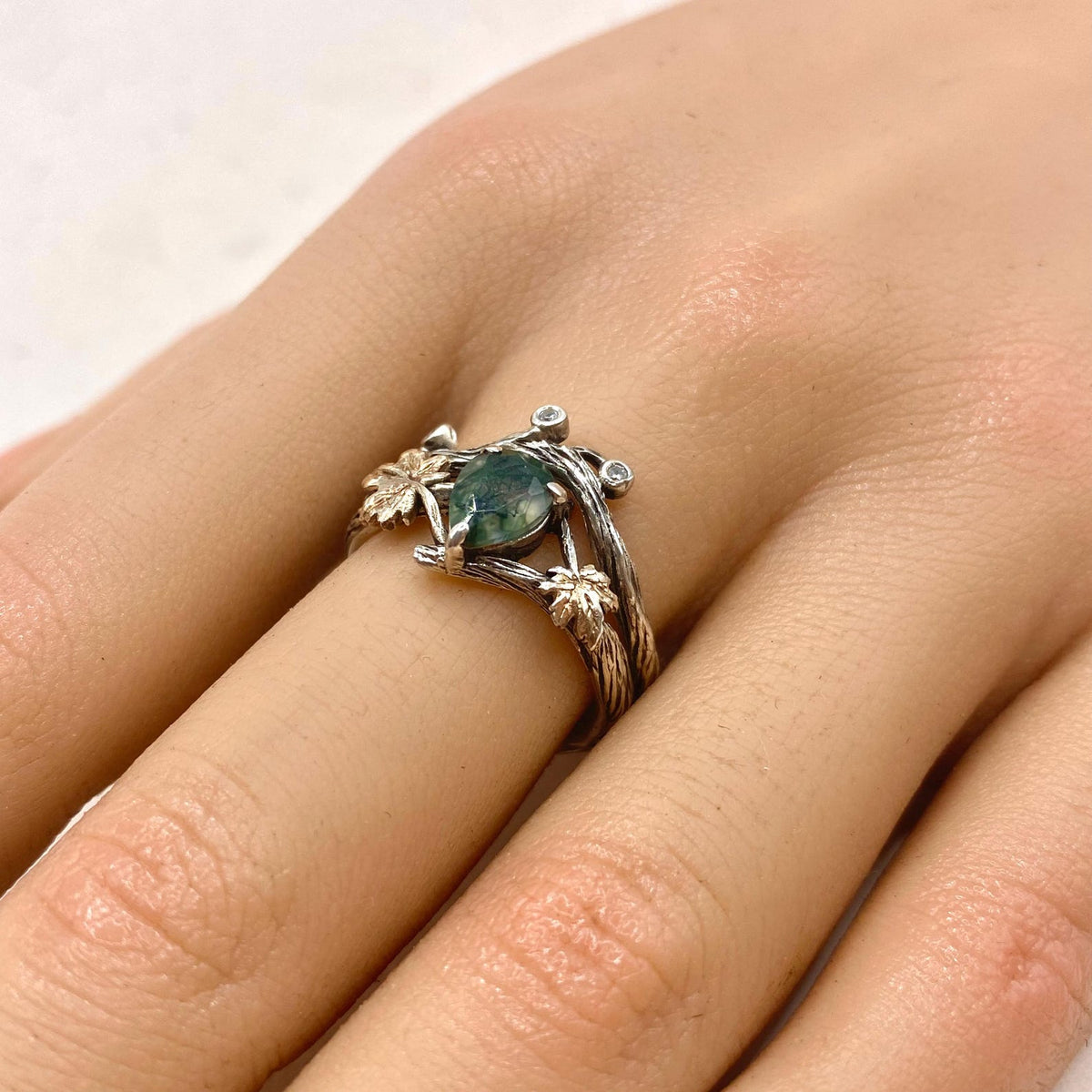 Moss Agate Sterling Silver Maple Leaf Ring Set