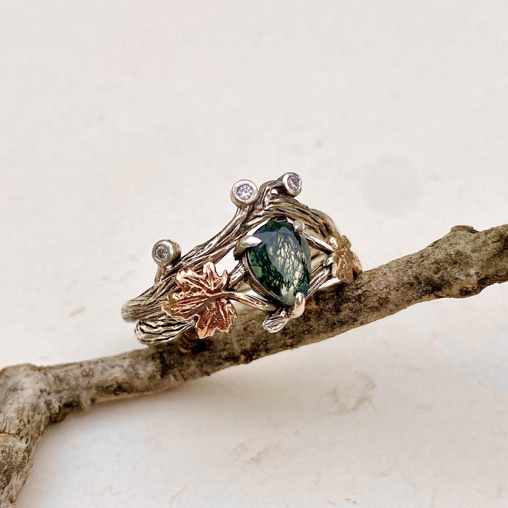Moss Agate Sterling Silver Maple Leaf Ring Set