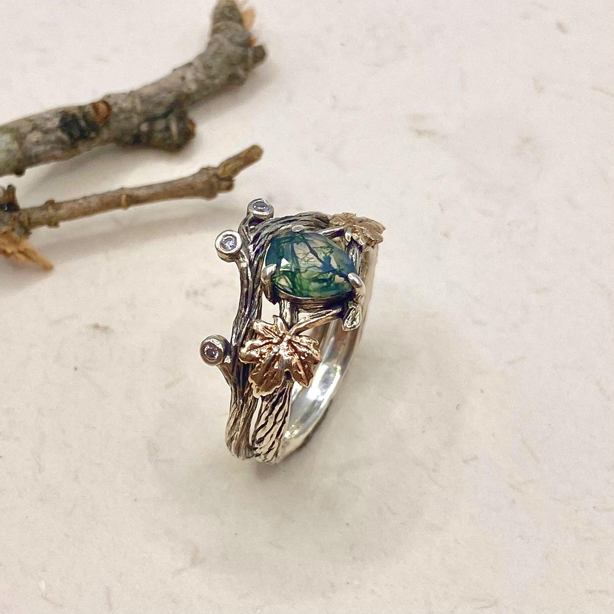 Moss Agate Sterling Silver Maple Leaf Ring Set