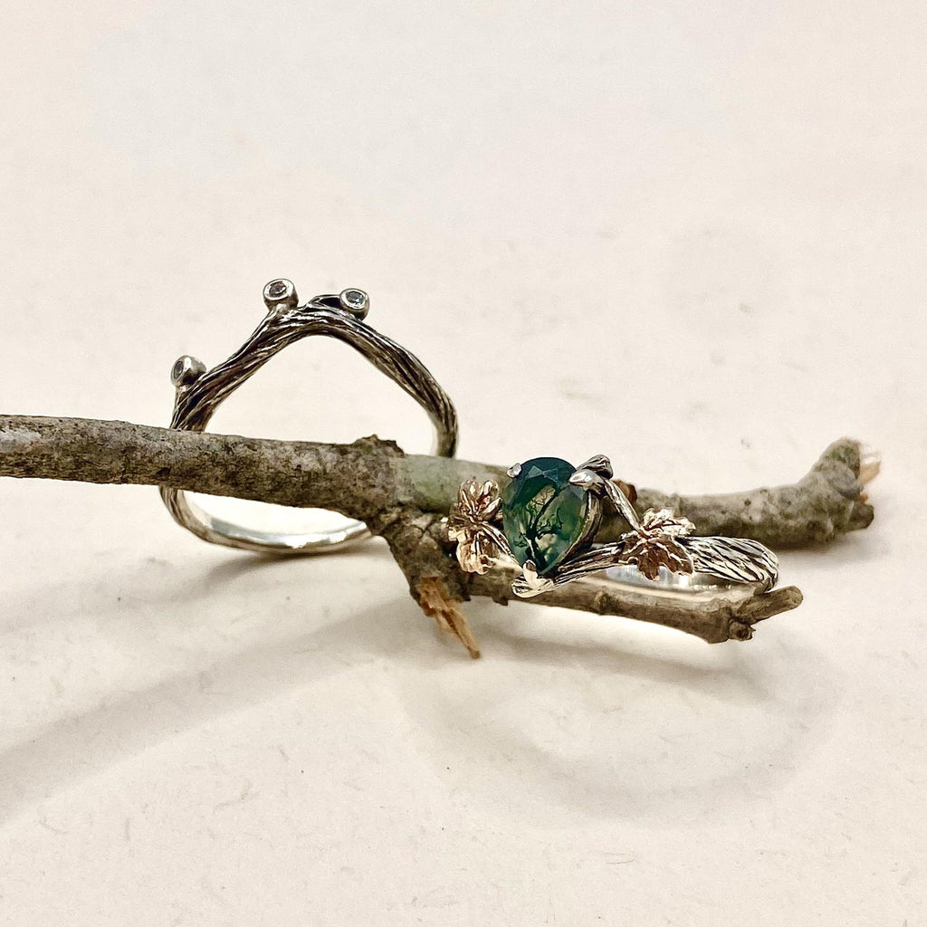 Moss Agate Sterling Silver Maple Leaf Ring Set