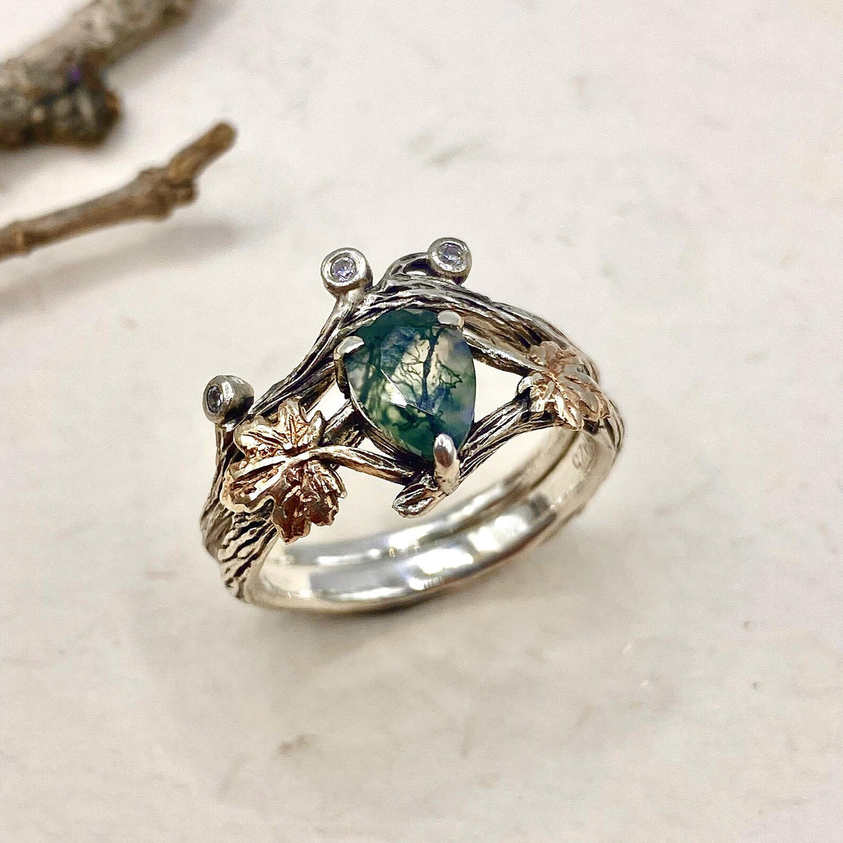 Moss Agate Sterling Silver Maple Leaf Ring Set