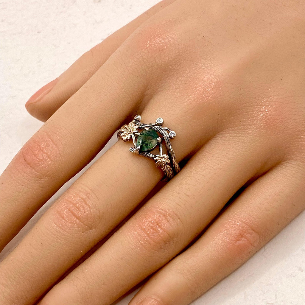 Moss Agate Sterling Silver Maple Leaf Ring Set