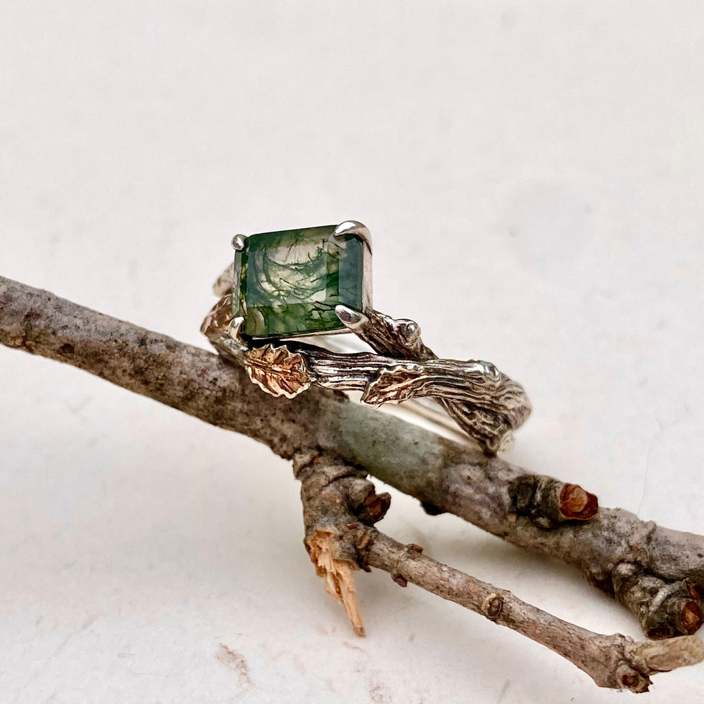 Moss Agate Sterling Silver Oak Leaf Ring