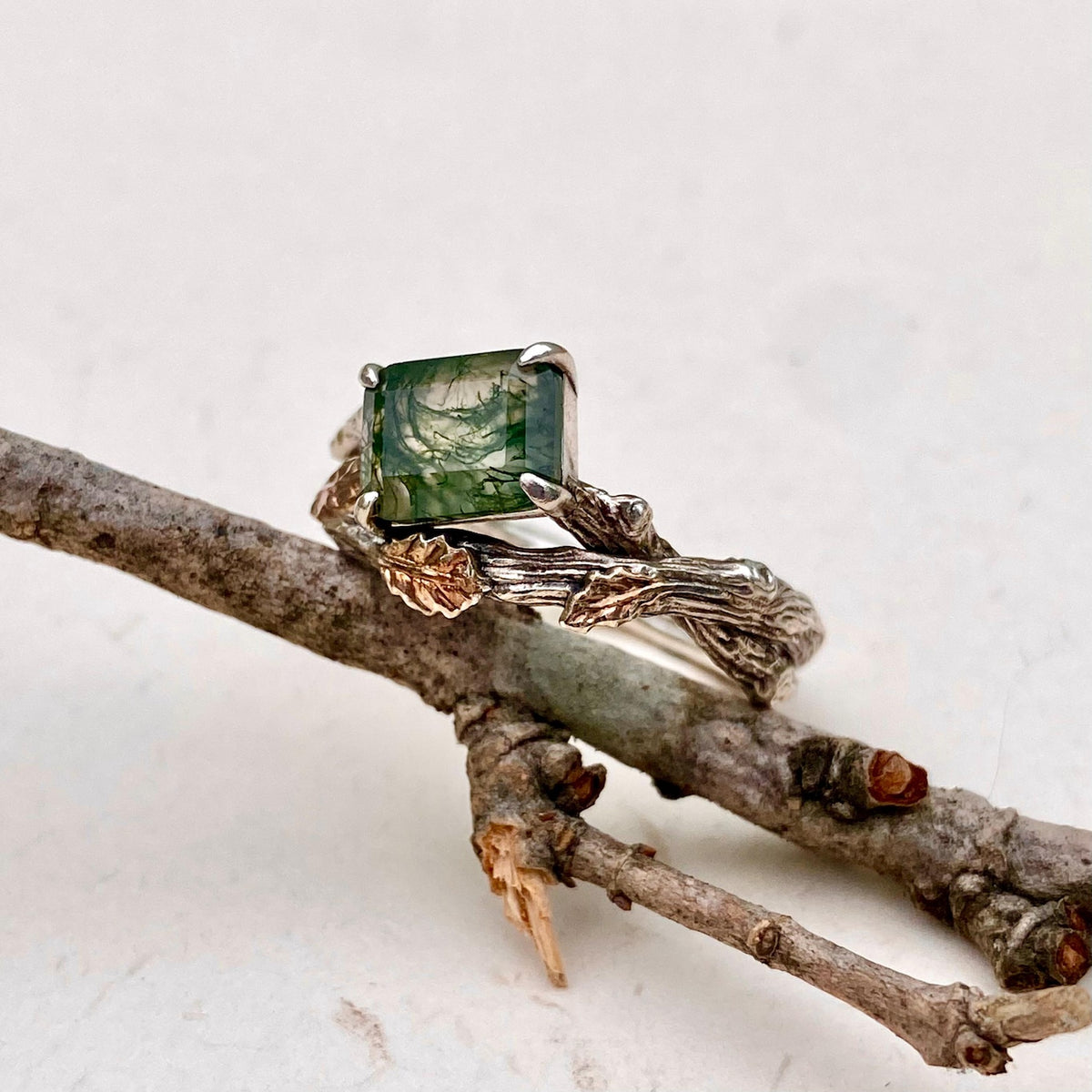 Moss Agate Sterling Silver Oak Leaf Ring