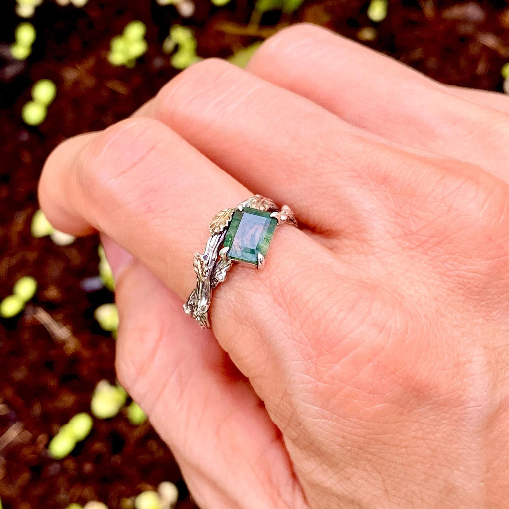 Moss Agate Sterling Silver Oak Leaf Ring