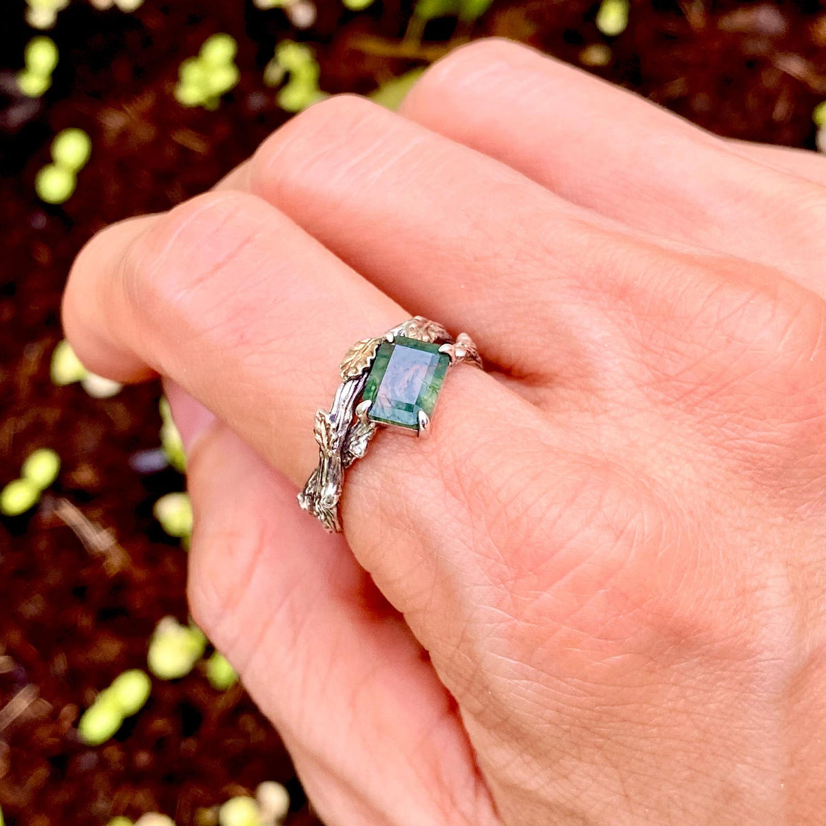 Moss Agate Sterling Silver Oak Leaf Ring