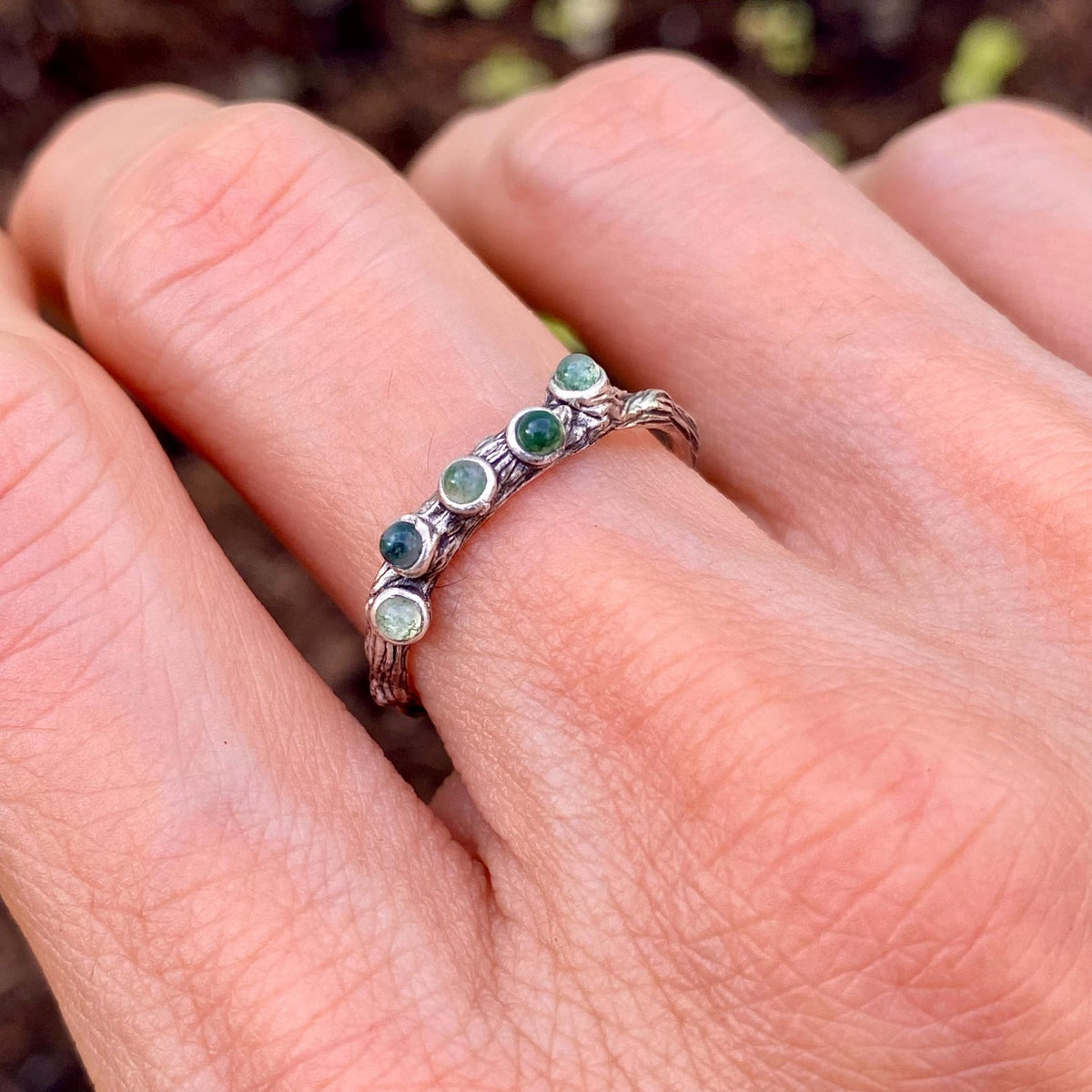 Moss Agate Sterling Silver Twig Ring