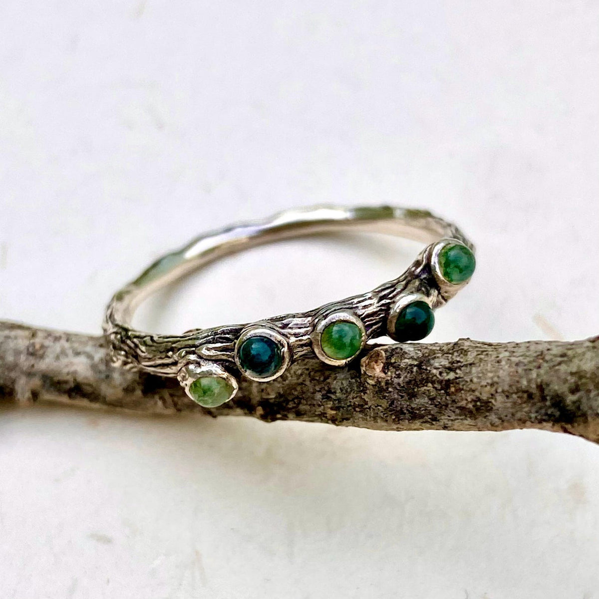 Moss Agate Sterling Silver Twig Ring