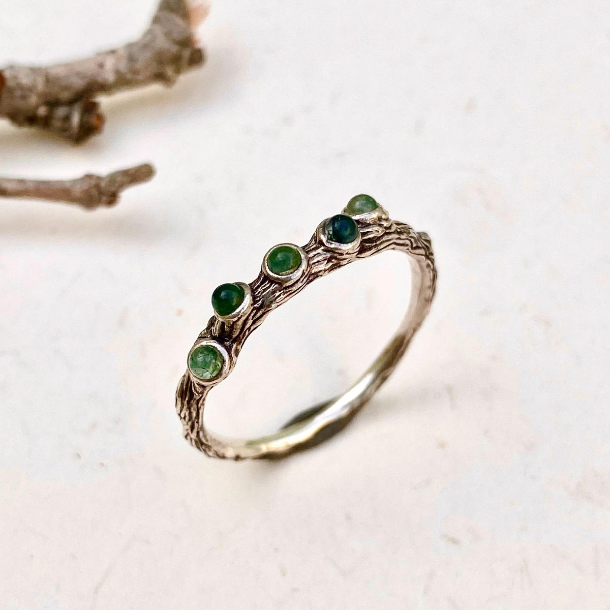 Moss Agate Sterling Silver Twig Ring