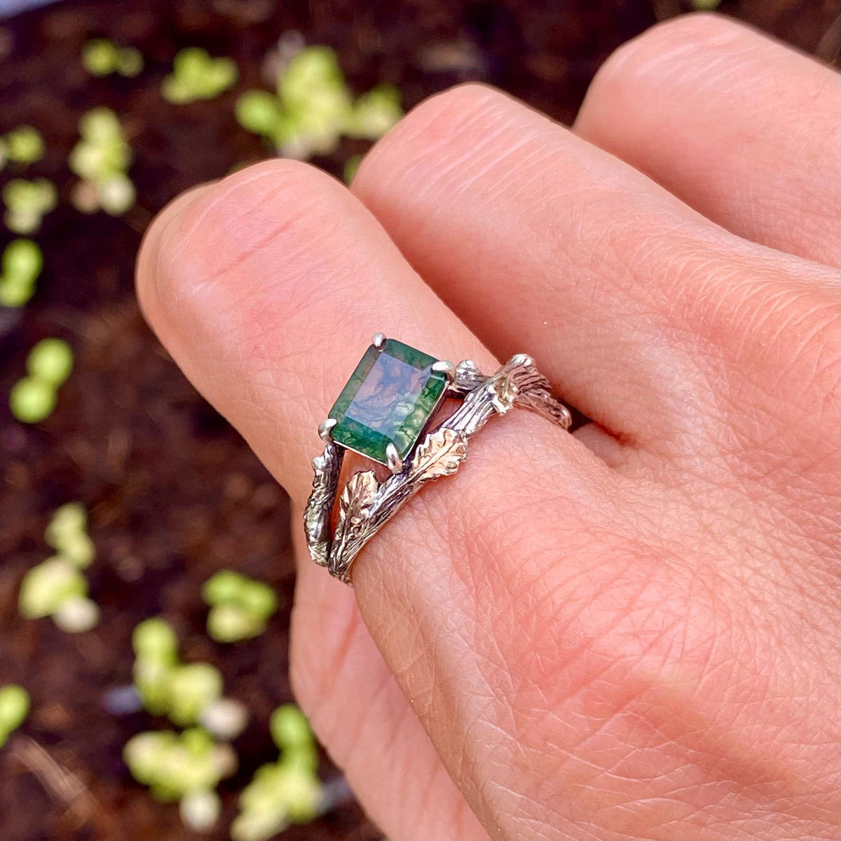 Moss Agate Sterling Silver Oak Leaf Ring