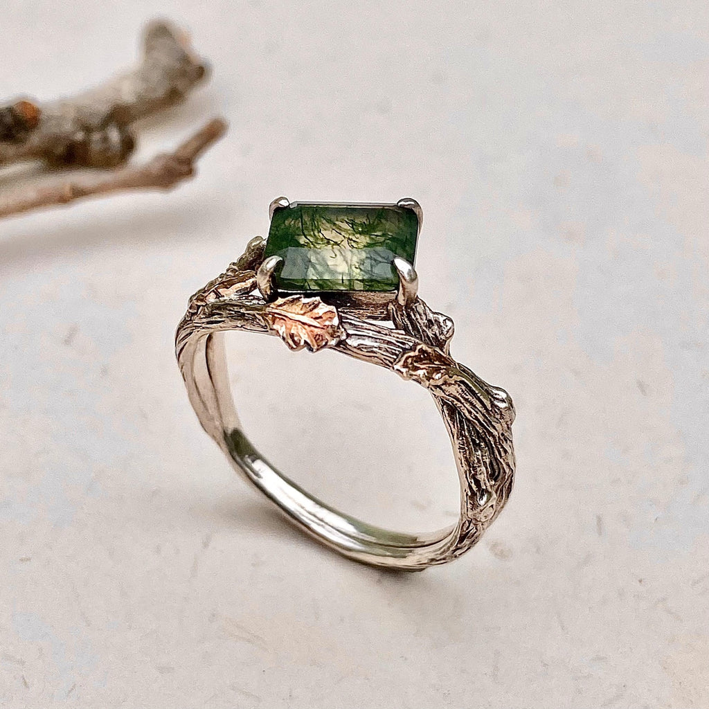 Moss Agate Sterling Silver Oak Leaf Ring