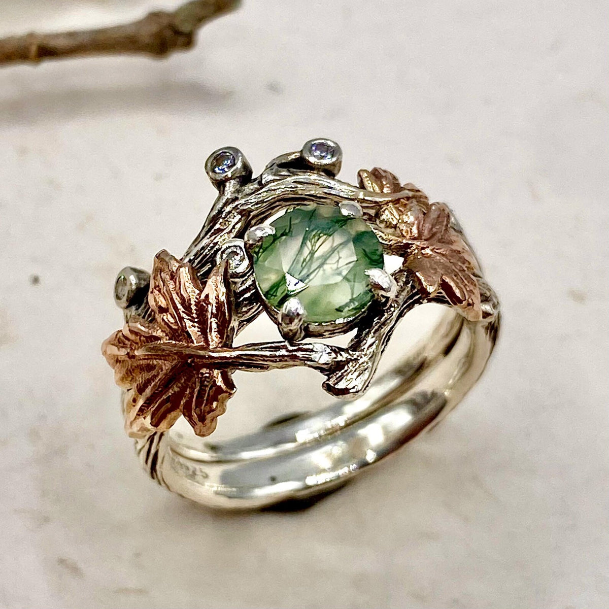 Moss Agate Sterling Silver Maple Leaf Ring