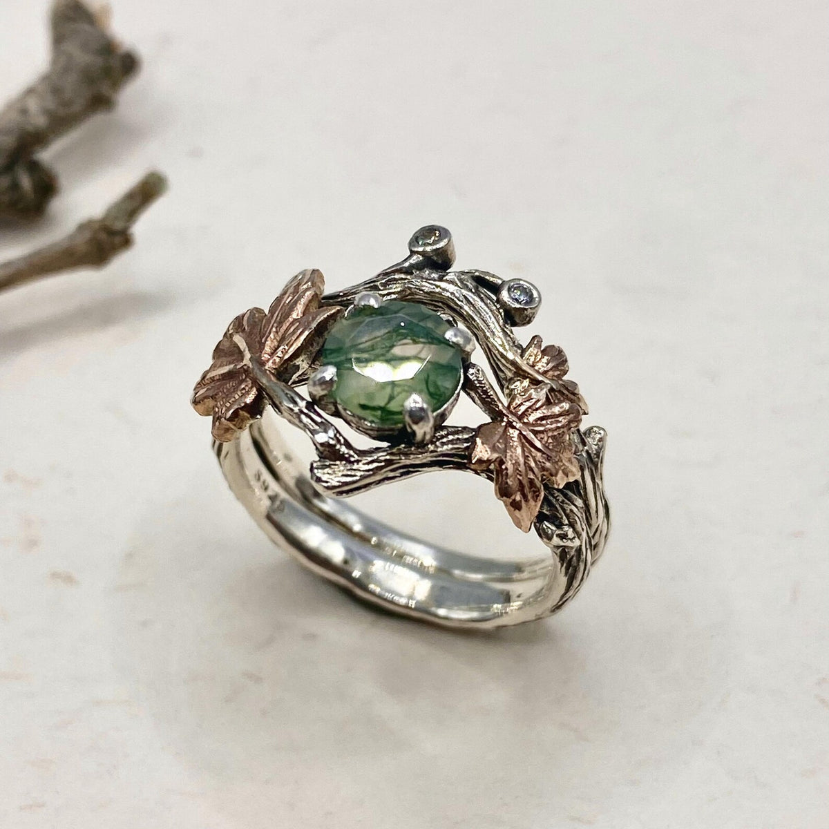 Moss Agate Sterling Silver Maple Leaf Ring