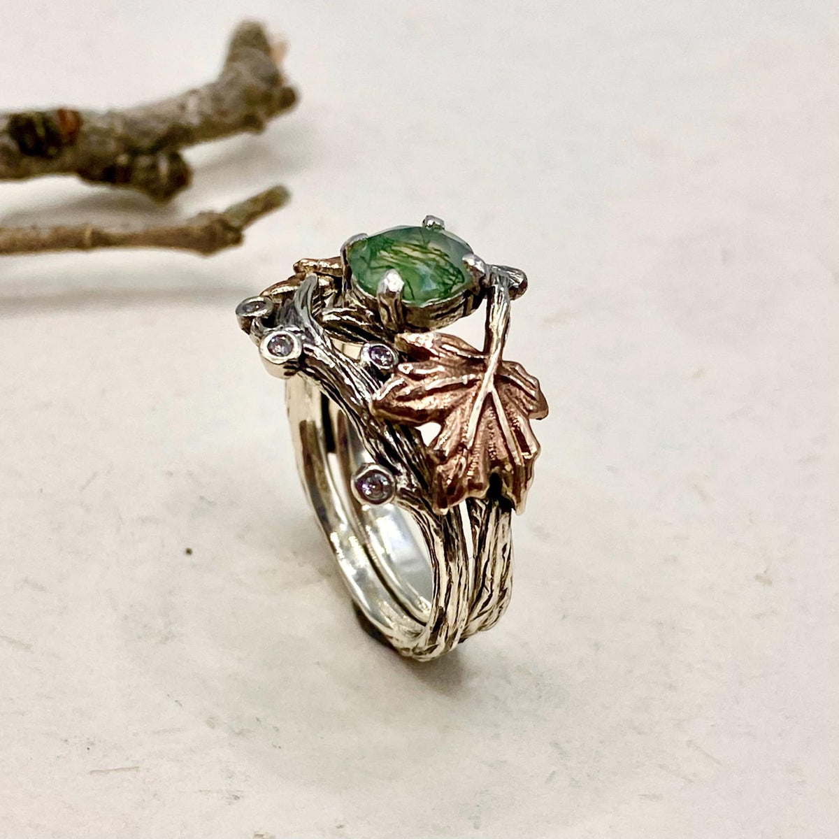 Moss Agate Sterling Silver Maple Leaf Ring